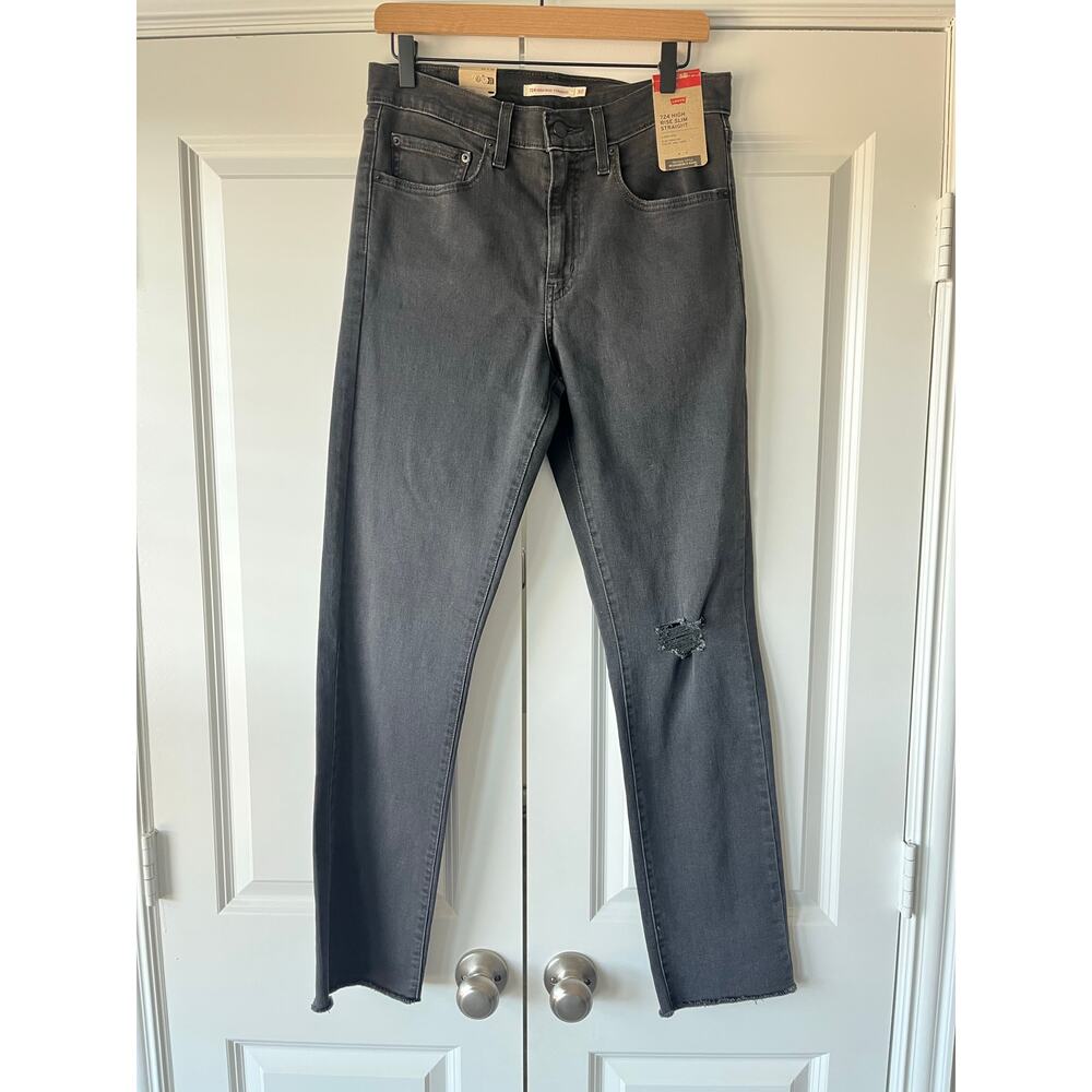NWT Levis Womens 724 High Rise Slim Straight Distressed Gray Denim | Size 30x32